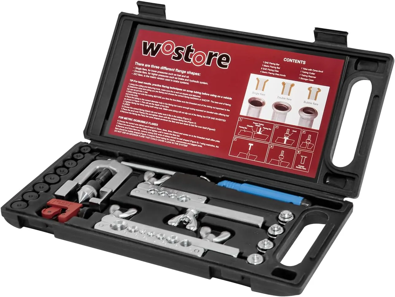 Wostore Professional Brake Line Flare Kit for Single, Double (SAE) Flares & Bubble (ISO) Flares with Tubing Cutter Pipe Reamer for 3/16-5/8" 7 Sizes