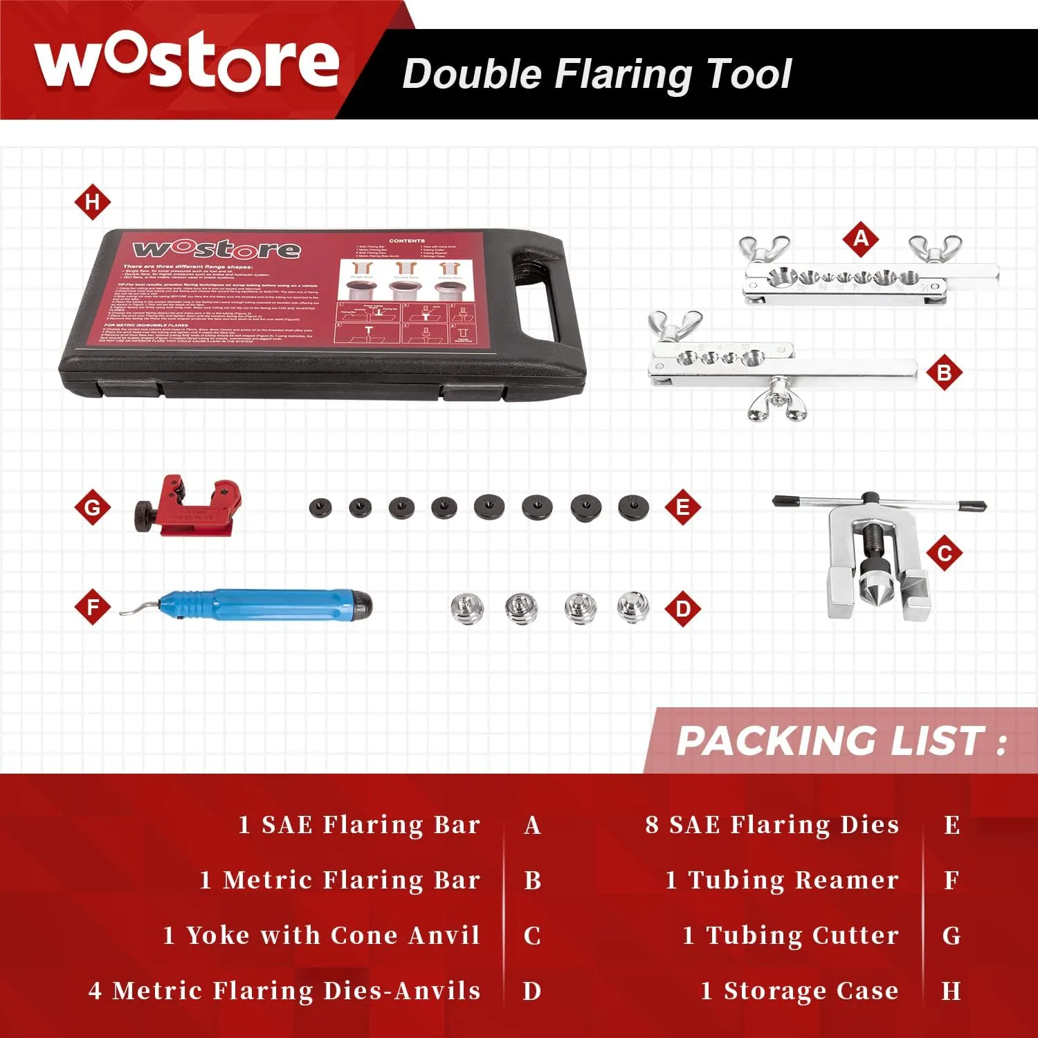 Wostore Professional Brake Line Flare Kit for Single, Double (SAE) Flares & Bubble (ISO) Flares with Tubing Cutter Pipe Reamer for 3/16-5/8" 7 Sizes