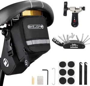 WOTOW Bike Repair Tool Kits, 16 in 1 Bike Saddle Under Seat Bag Waterproof with Repair Set Chain Breaker Splitter, Hex Key, Tire Patches Lever, Portable Multi Tool Maintenance for Road Mountain Bikes