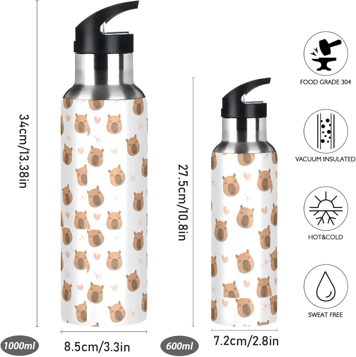 Wusikd Cute Capybara Water Bottle with Straw Lid Double Wall Hearts Thermos Bottle Vacuum Insulated Flask Stainless Steel Water Bottle for Gym Outdoor 20 OZ