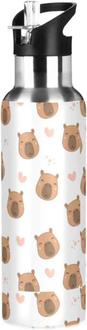 Wusikd Cute Capybara Water Bottle with Straw Lid Double Wall Hearts Thermos Bottle Vacuum Insulated Flask Stainless Steel Water Bottle for Gym Outdoor 20 OZ