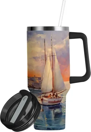 xigua 30 oz Lighthouse Tumbler with Handle and Straw Lid, Stainless Steel Vacuum Insulated Sports Water Bottle, Keeps Cold or Hot Coffee Cup Travel Mug