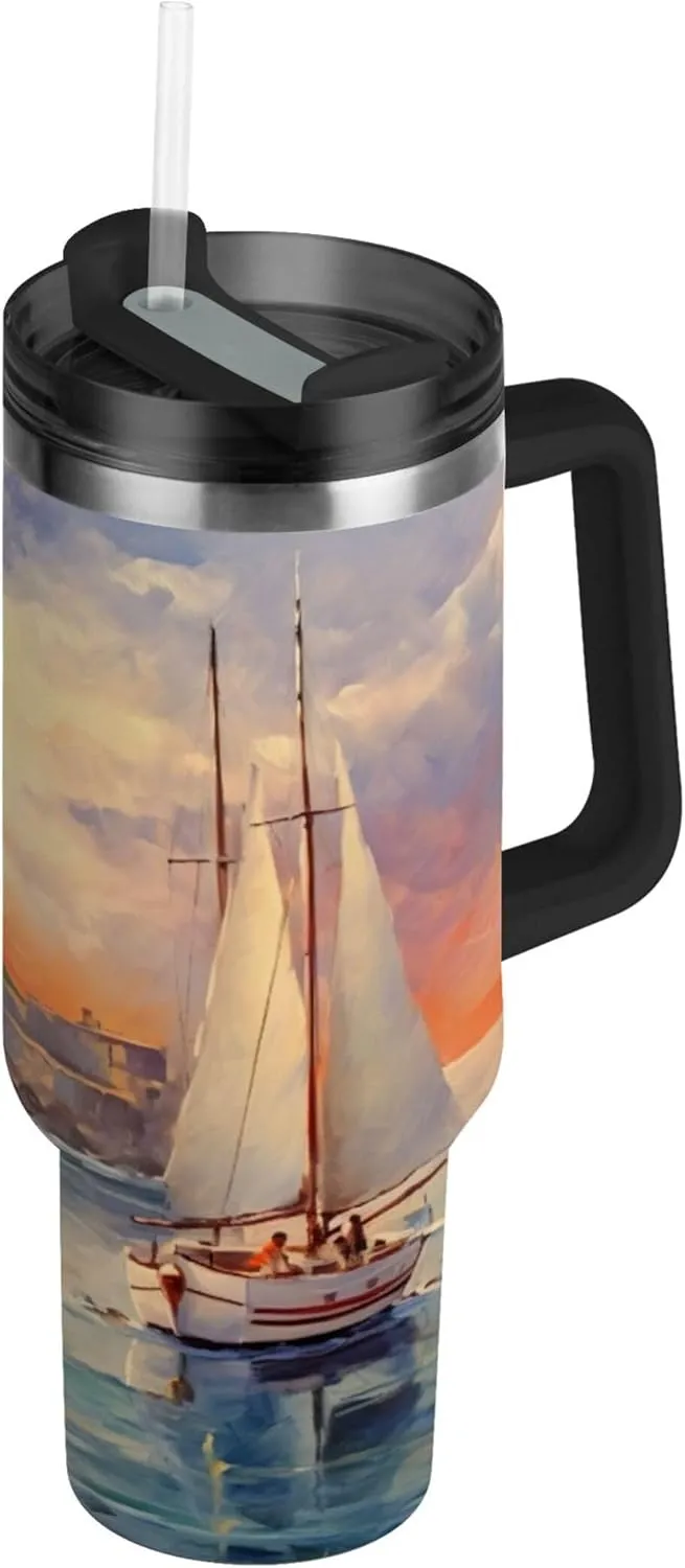xigua 30 oz Lighthouse Tumbler with Handle and Straw Lid, Stainless Steel Vacuum Insulated Sports Water Bottle, Keeps Cold or Hot Coffee Cup Travel Mug