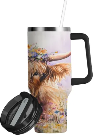 xigua 30 oz Watercolor Highland Cow Tumbler with Handle and Straw Lid, Stainless Steel Vacuum Insulated Sports Water Bottle, Keeps Cold or Hot Coffee Cup Travel Mug
