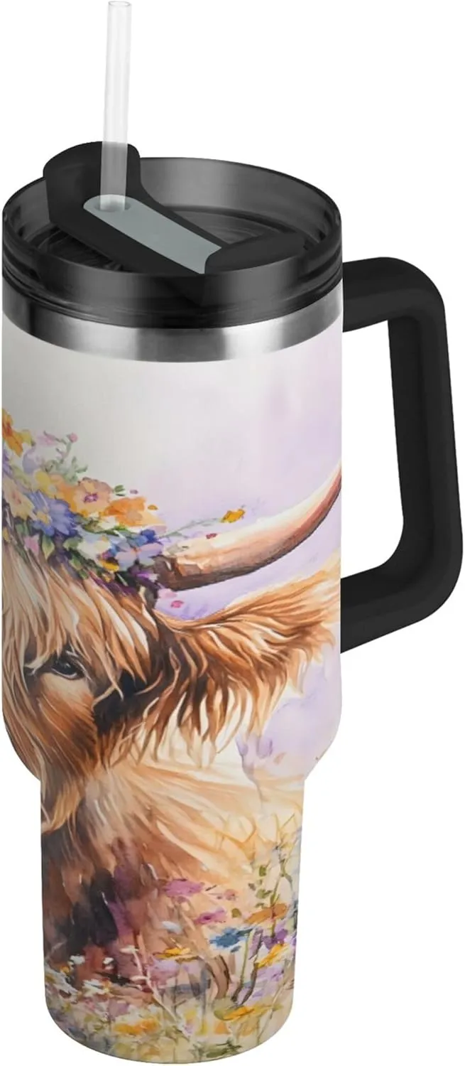 xigua 30 oz Watercolor Highland Cow Tumbler with Handle and Straw Lid, Stainless Steel Vacuum Insulated Sports Water Bottle, Keeps Cold or Hot Coffee Cup Travel Mug