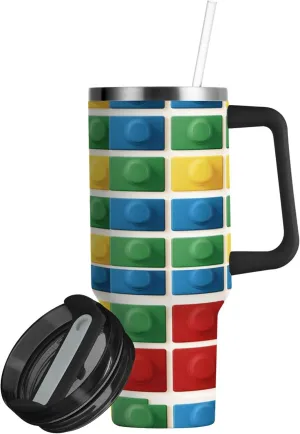 xigua 40 oz Building Blocks Tumbler with Handle and Straw Lid, Stainless Steel Vacuum Insulated Sports Water Bottle, Keeps Cold or Hot Coffee Cup Travel Mug