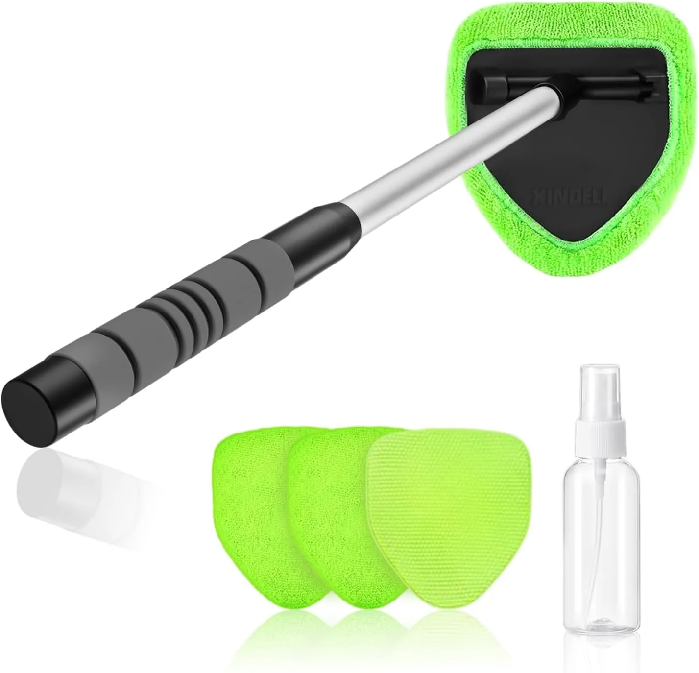 XINDELL Windshield Cleaner Tool – Car Interior Glass Cleaning Kit with Extendable Handle & 4 Microfiber Pads, Auto Glass Wash Brush for Car Detailing, Trucks, SUVs, RVs & Home Windows