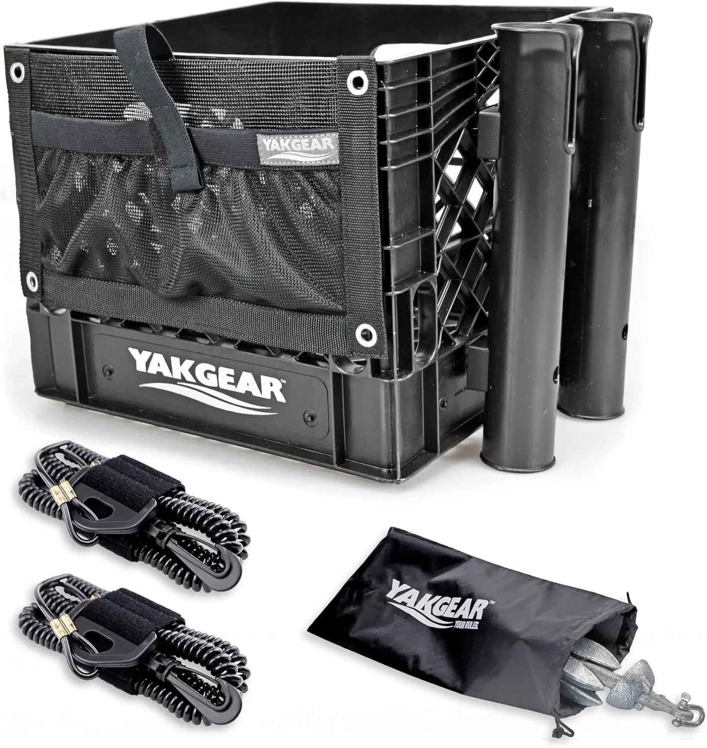 YakGear Kayak Angler Kit Crate – Basic | Complete Kayak Fishing Storage System with Double Rod Holder, Accessory Pouch, Anchor Kit, Utility Leashes & Heavy-Duty Milk Crate
