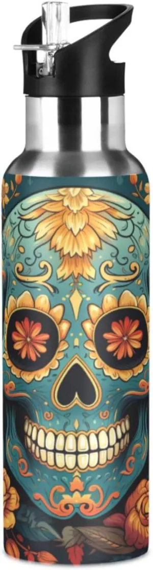 Yellow Cyan Skulls Rose Flower Sport Water Bottle Insulated Stainless Steel Large Vacuum Flask Leak Proof Thermos with Straw for Travel(600ml/1000ml)