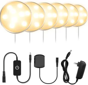YGS-Tech LED Under Cabinet Lighting Kit, 1020 Lumens LED Puck Light, 3000K Warm White, CRI90 , Touch Dimming, Silver Trim All Accessories Included, for Kitchen, Closet Lights, Safe Light, 6-Pack