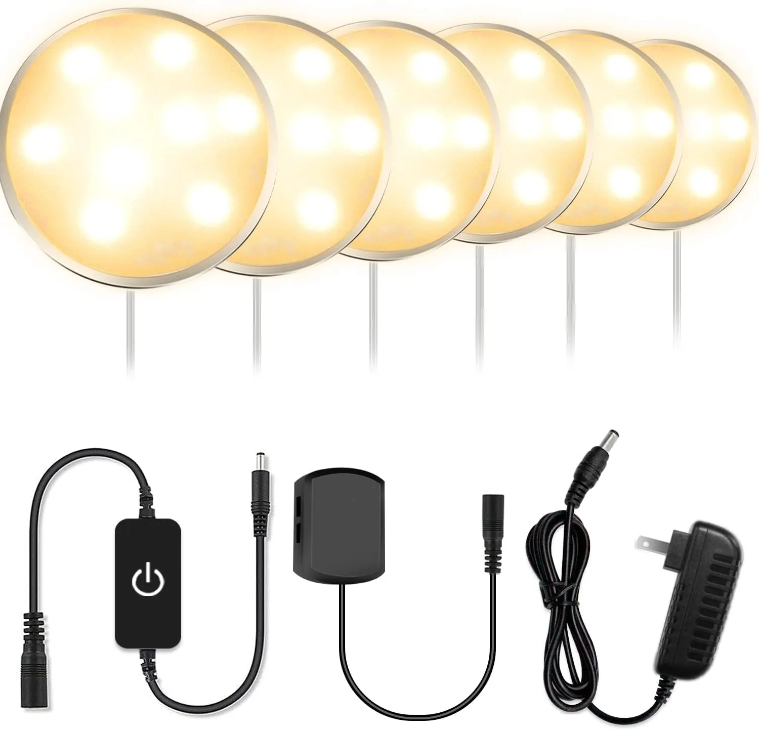 YGS-Tech LED Under Cabinet Lighting Kit, 1020 Lumens LED Puck Light, 3000K Warm White, CRI90 , Touch Dimming, Silver Trim All Accessories Included, for Kitchen, Closet Lights, Safe Light, 6-Pack
