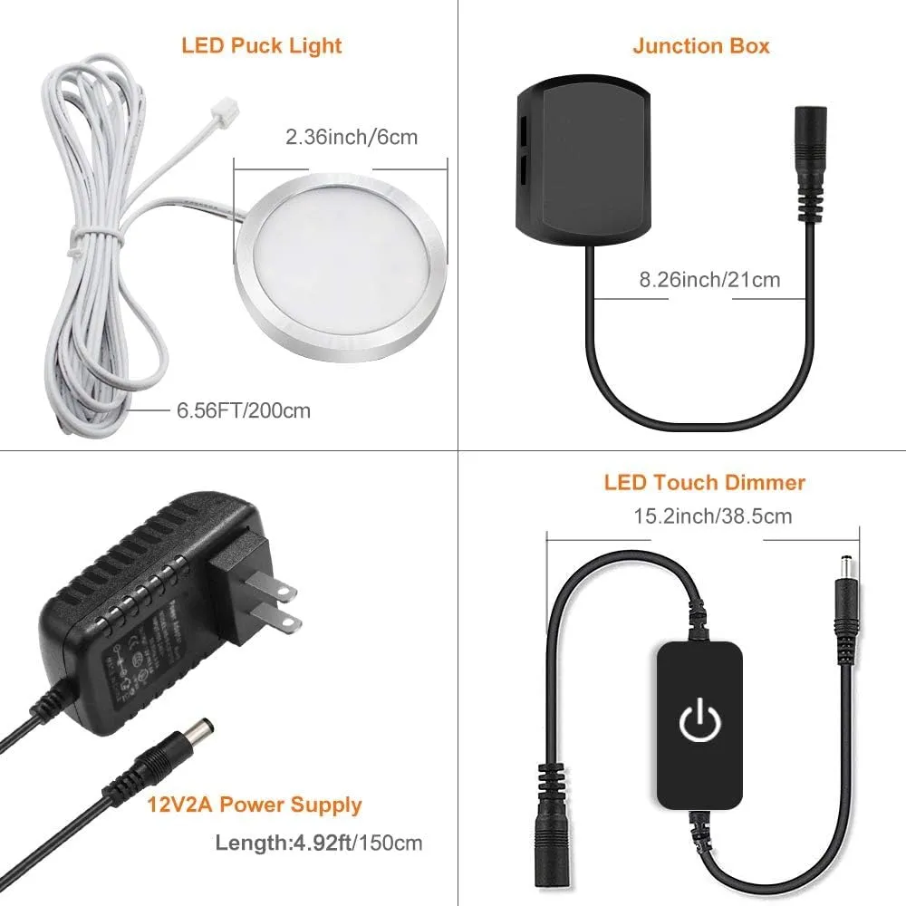 YGS-Tech LED Under Cabinet Lighting Kit, 1020 Lumens LED Puck Light, 3000K Warm White, CRI90 , Touch Dimming, Silver Trim All Accessories Included, for Kitchen, Closet Lights, Safe Light, 6-Pack