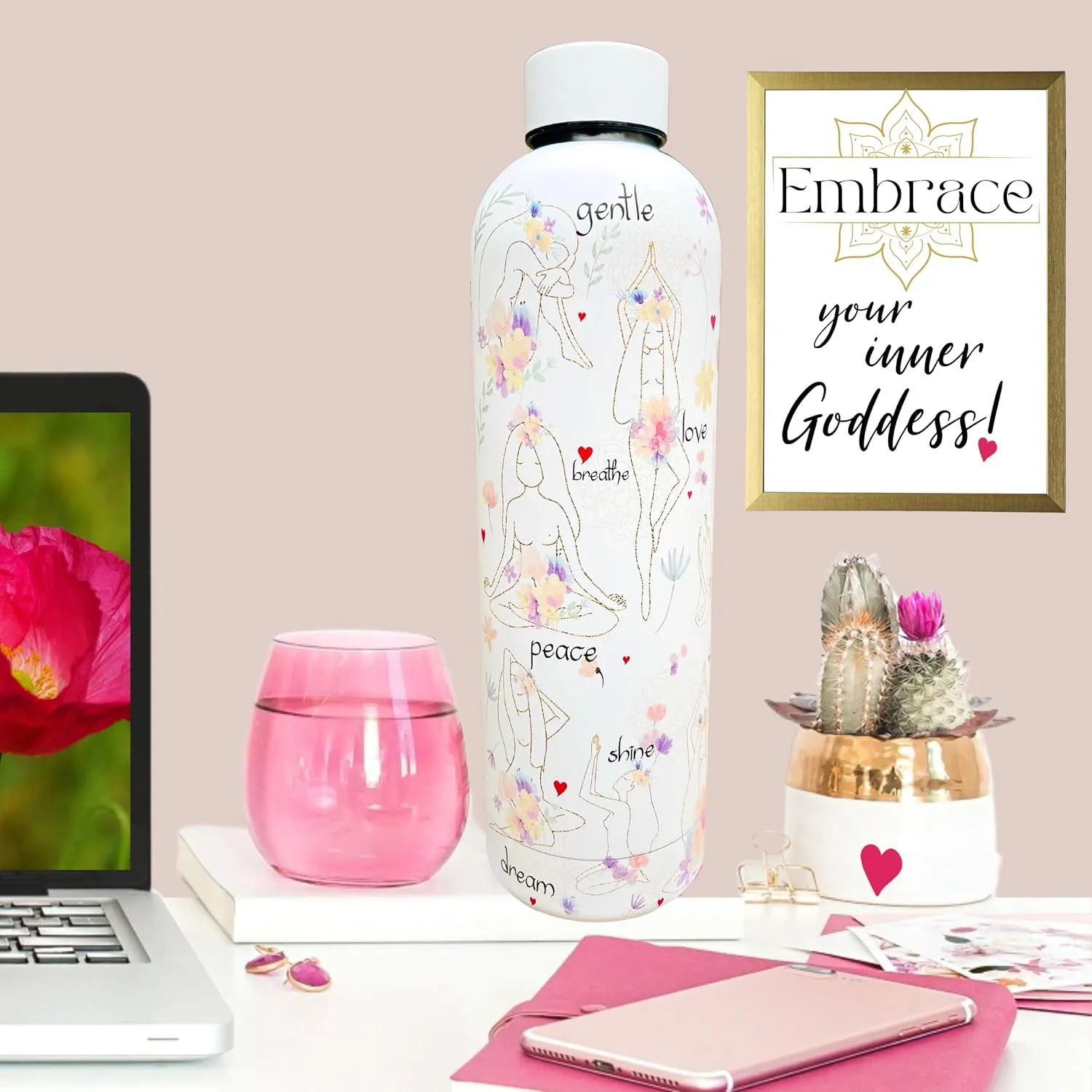 Yoga Goddesses 24oz Water Bottle for Women – Stainless Steel, Inspirational Yoga Gift with Positive Words, Mindful Drinkware for Meditation, Self-Care, Wellness, and Spiritual Balance