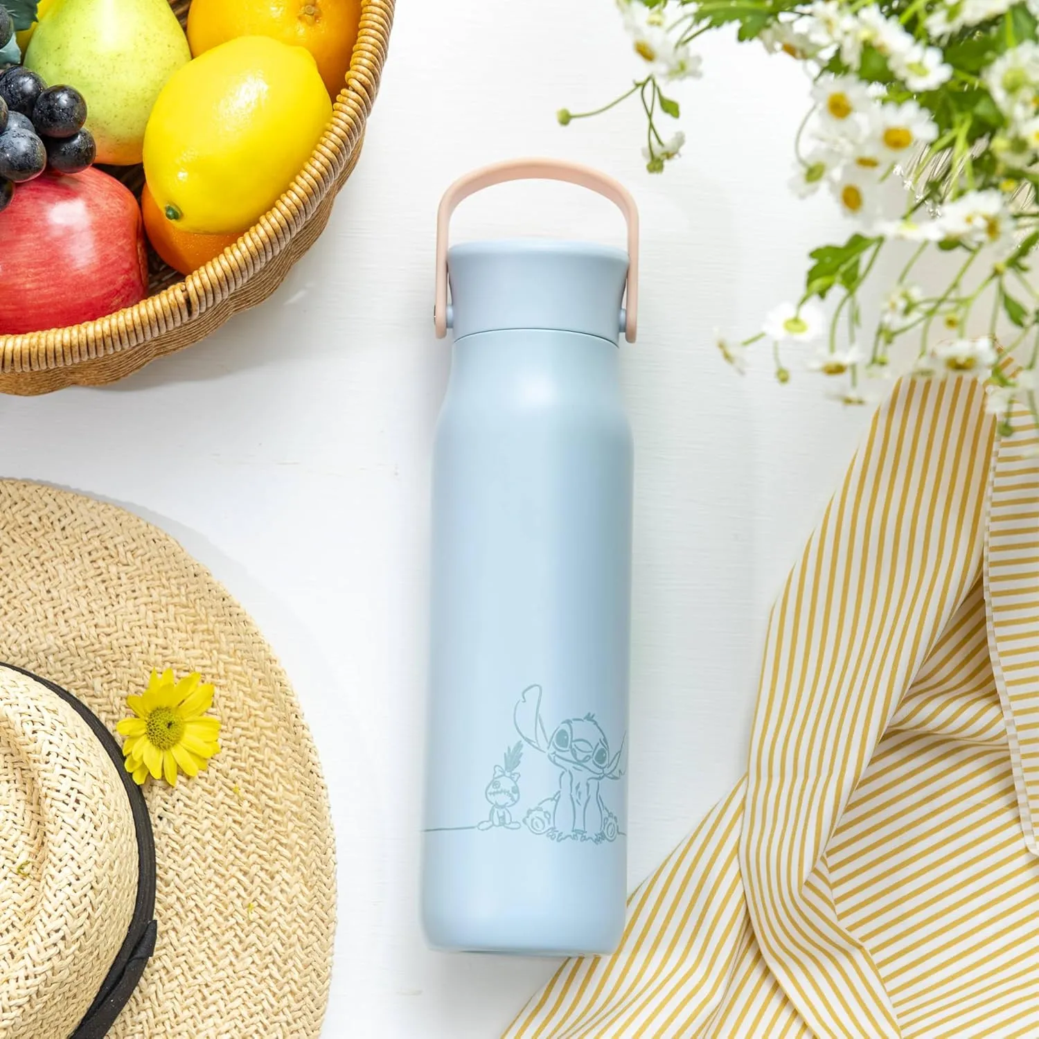 Zak Designs Disney Harmony Water Bottle for Travel or At Home, 32oz Stainless Steel is Leak-Proof When Closed and Vacuum Insulated with Straw Lid, Carry Handle, and 3D Artwork (Stitch)