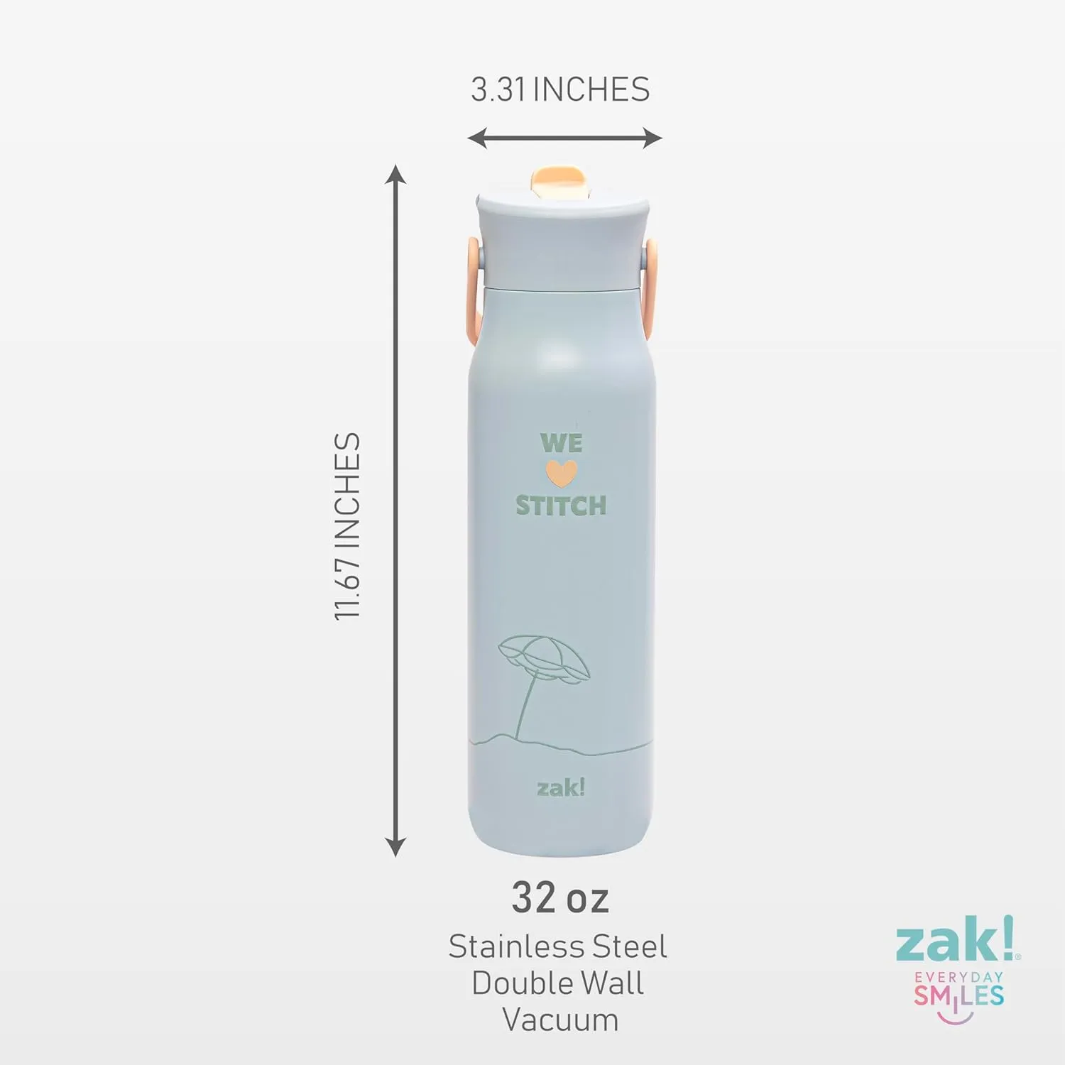 Zak Designs Disney Harmony Water Bottle for Travel or At Home, 32oz Stainless Steel is Leak-Proof When Closed and Vacuum Insulated with Straw Lid, Carry Handle, and 3D Artwork (Stitch)