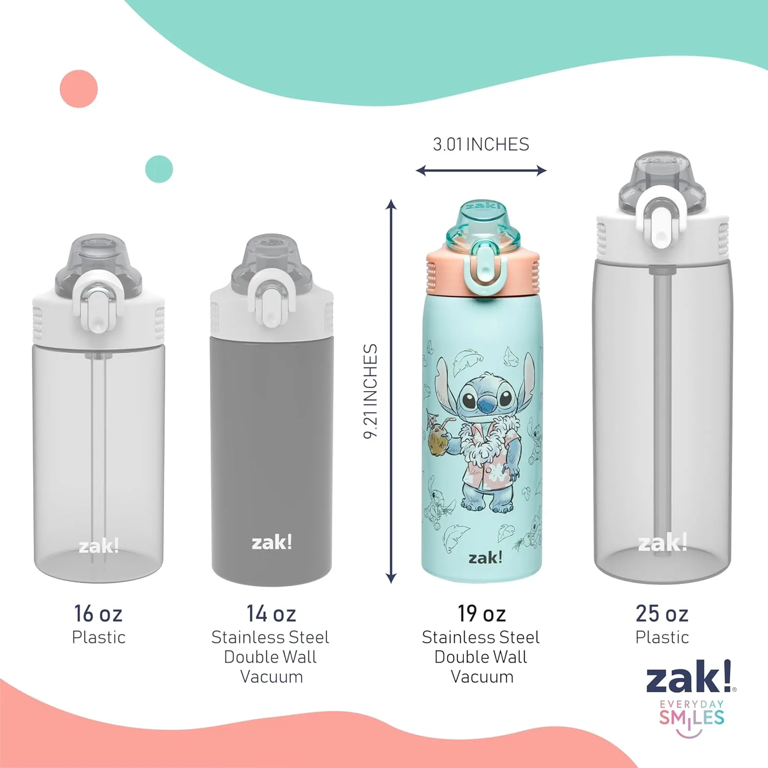 Zak Designs Disney Sage Kids Water Bottle For School or Travel, 19oz Stainless Steel Water Bottle With Straw, Handle, and Leak-Proof, Pop-Up Spout Cover (Stitch)