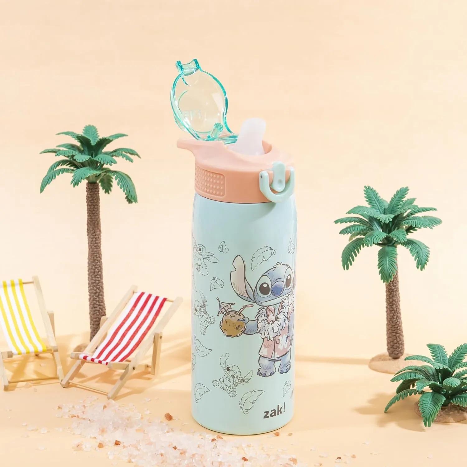 Zak Designs Disney Sage Kids Water Bottle For School or Travel, 19oz Stainless Steel Water Bottle With Straw, Handle, and Leak-Proof, Pop-Up Spout Cover (Stitch)