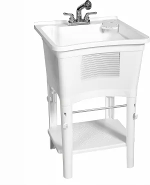 Zenna Home Utility Sink with Faucet, White, 24" D x 24" W – Freestanding Laundry Tub Sink for Laundry Room, Bathroom, Garage, Kitchen – Deep Shop Sink with Pull-Out Faucet, Towel Bar and Scrub Board