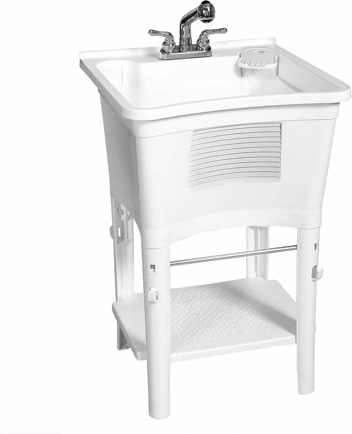 Zenna Home Utility Sink with Faucet, White, 24" D x 24" W – Freestanding Laundry Tub Sink for Laundry Room, Bathroom, Garage, Kitchen – Deep Shop Sink with Pull-Out Faucet, Towel Bar and Scrub Board