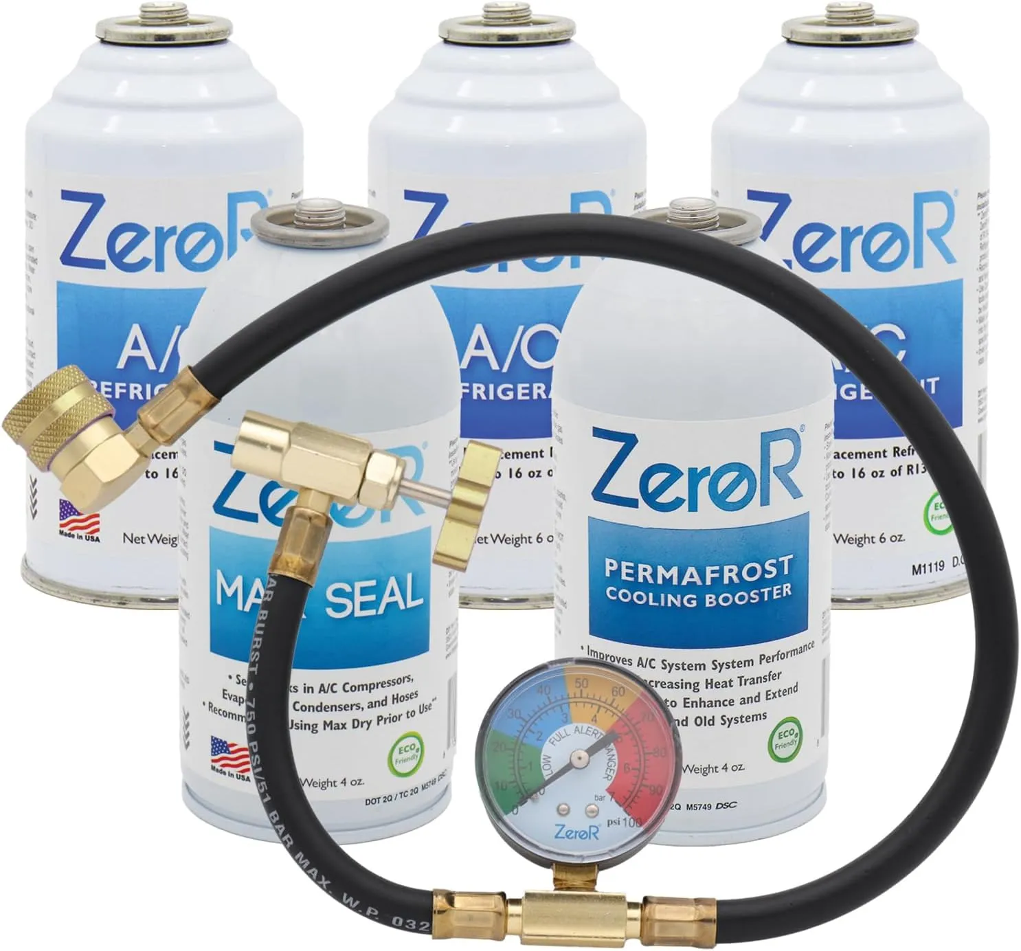 ZeroR® Premium Repair & Recharge Kit for R134a Refrigerant Systems | Max Seal, Permafrost, R134a Replacement | 24" HD Can Tap Gauge