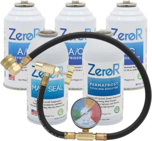 ZeroR® Premium Repair & Recharge Kit for R134a Refrigerant Systems | Max Seal, Permafrost, R134a Replacement | 24" HD Can Tap Gauge