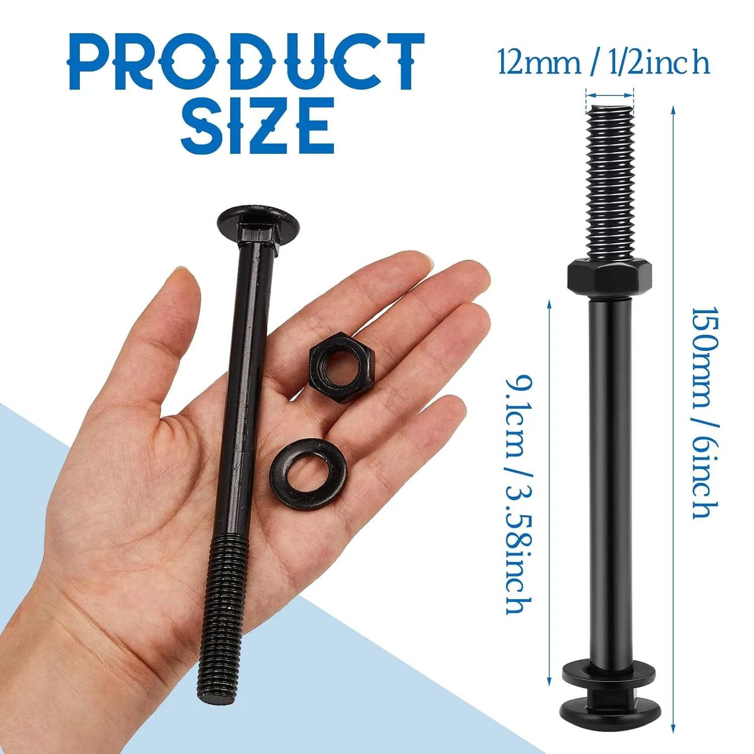 Zonon 24 Sets 1/2 x 6 Inch Black Carriage Bolt Kit Galvanized Carriage Bolt Set Includes Rust Resistance Washers and Nuts for Fastening Accessories