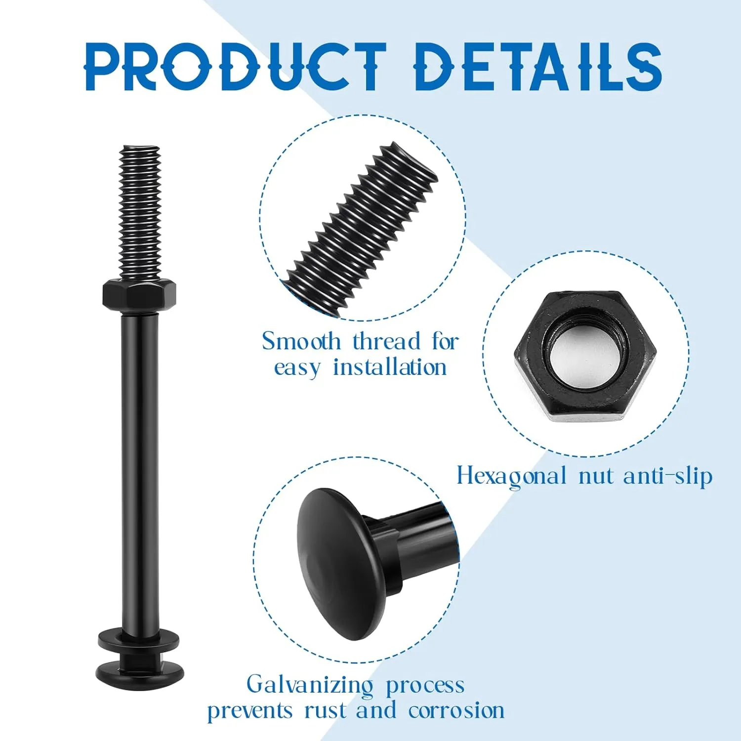 Zonon 24 Sets 1/2 x 6 Inch Black Carriage Bolt Kit Galvanized Carriage Bolt Set Includes Rust Resistance Washers and Nuts for Fastening Accessories